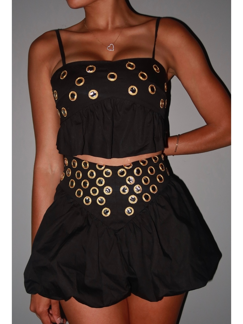Black Rhinestone Embellished Bubble Mini Skirt & Matching Top